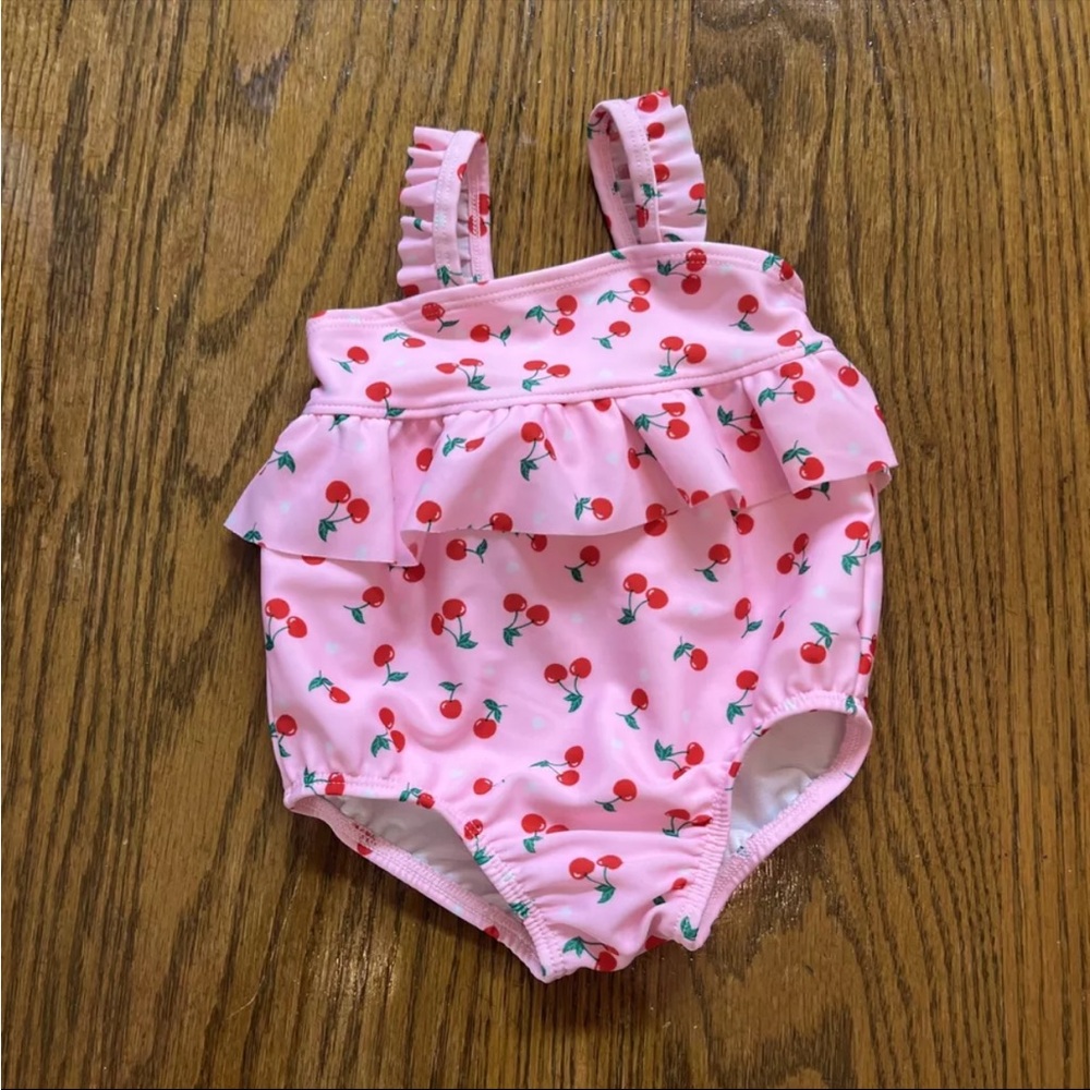 Wonder Nation - Baby Girls Ruffle one piece Swimsuit - Cherry Theme  6-9 months